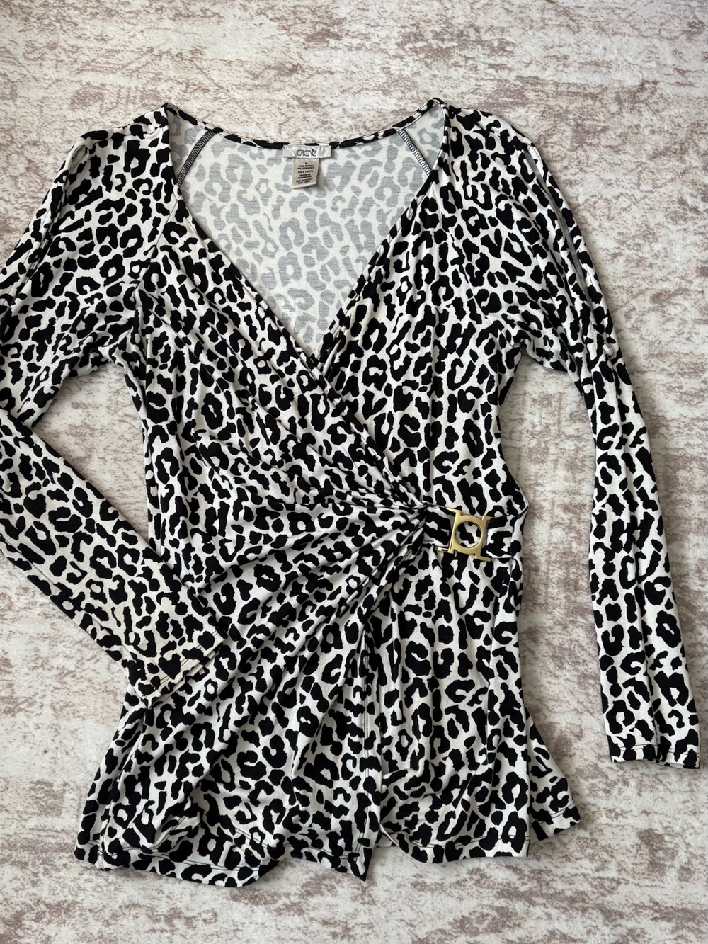 Cache Black & White Leopard Print Wrap Top with Buckle